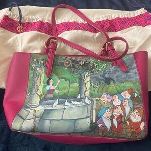 NWOT Tory Burch Pink Leather Tote with Snow White & Seven Dwarfs hand painted